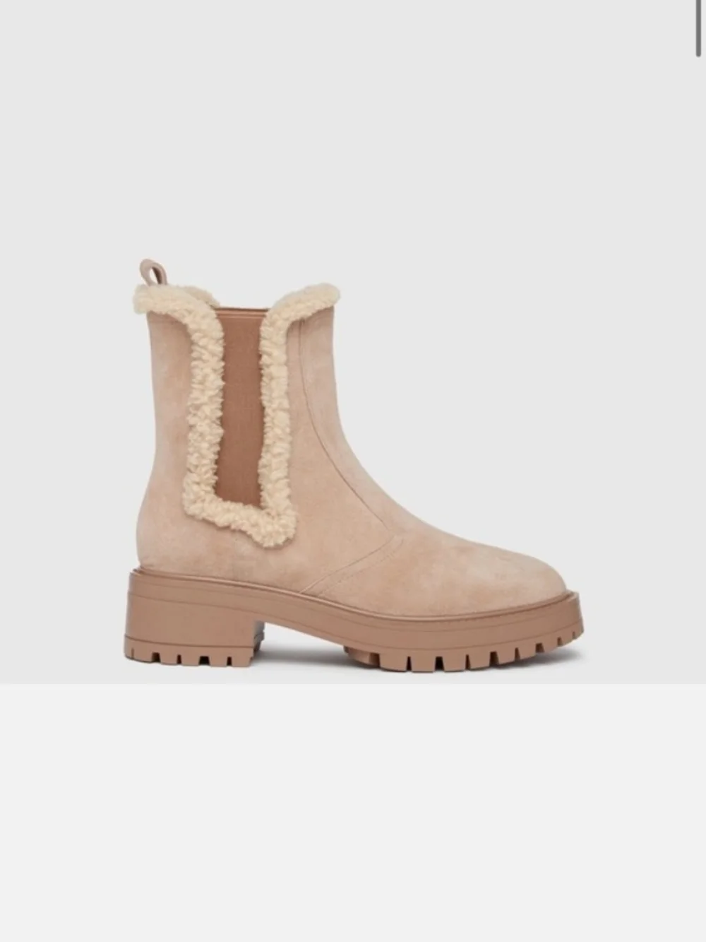 New PAIGE Bowie Light Tan Suede Shearling Trim Lug Sole Chelsea Winter Boots 6.5